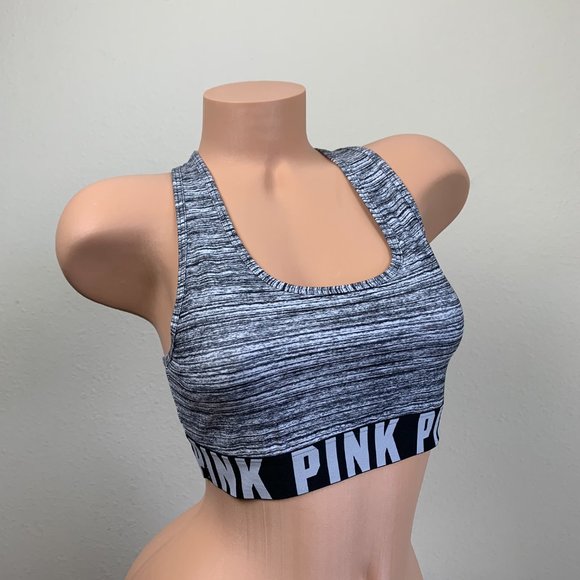 Victoria's Secret PINK Heather Gray Old School Wide Logo Band Bra Top Bralette M - Picture 1 of 5